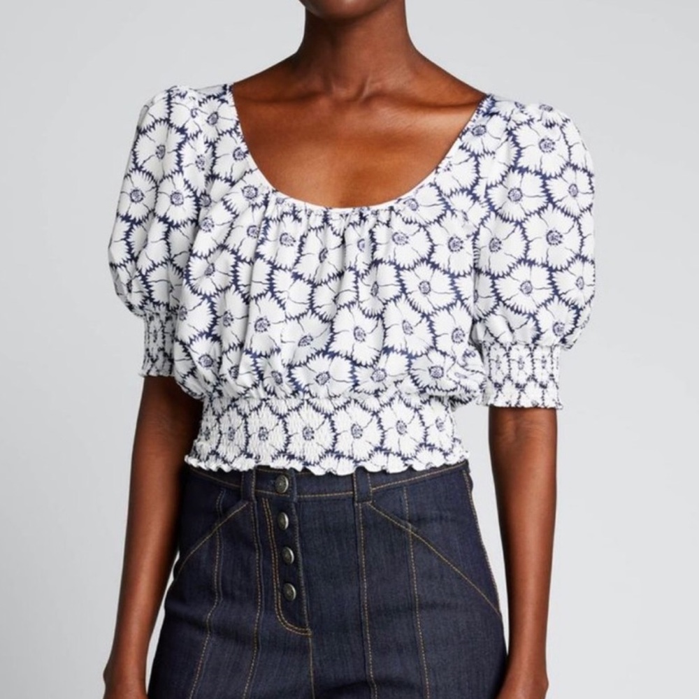 Cinq a Sept Elliot Floral-Print Taffeta Puff Sleeve Crop Top in Blue and White